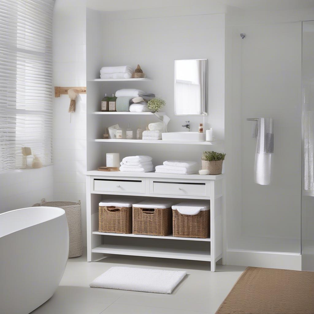 White wicker storage unit in a modern bathroom, holding towels and toiletries.