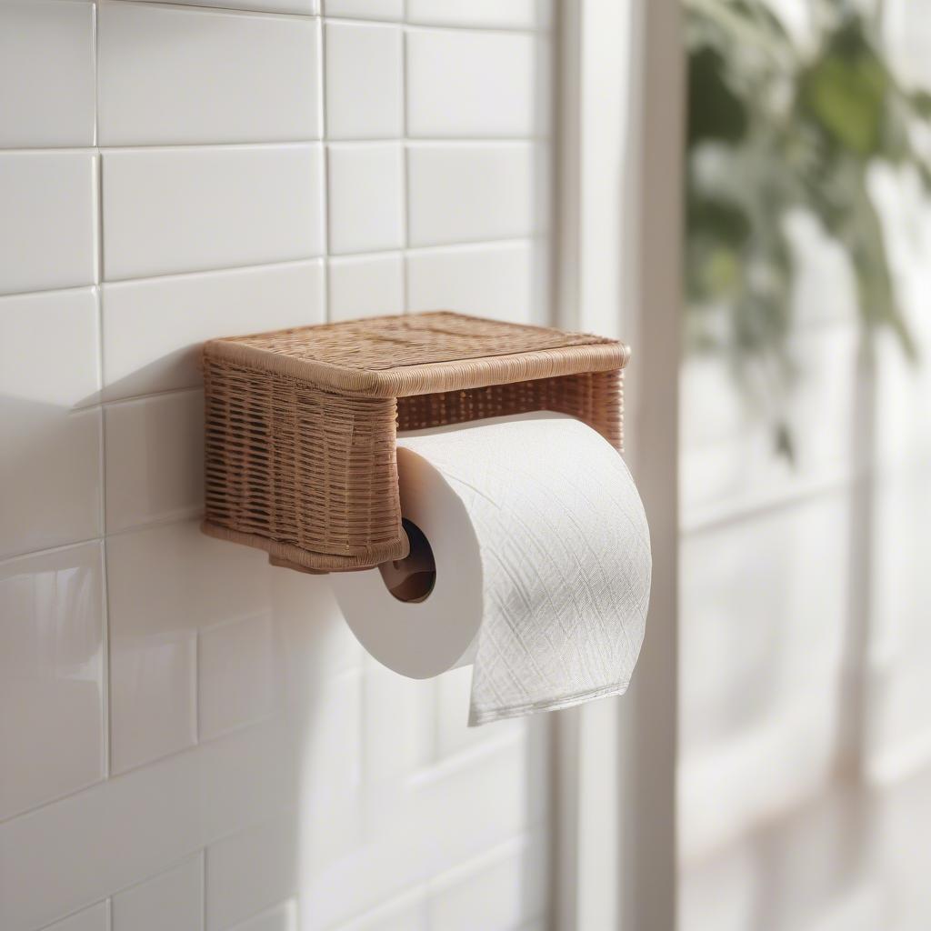 White wicker toilet paper holder in a bright bathroom