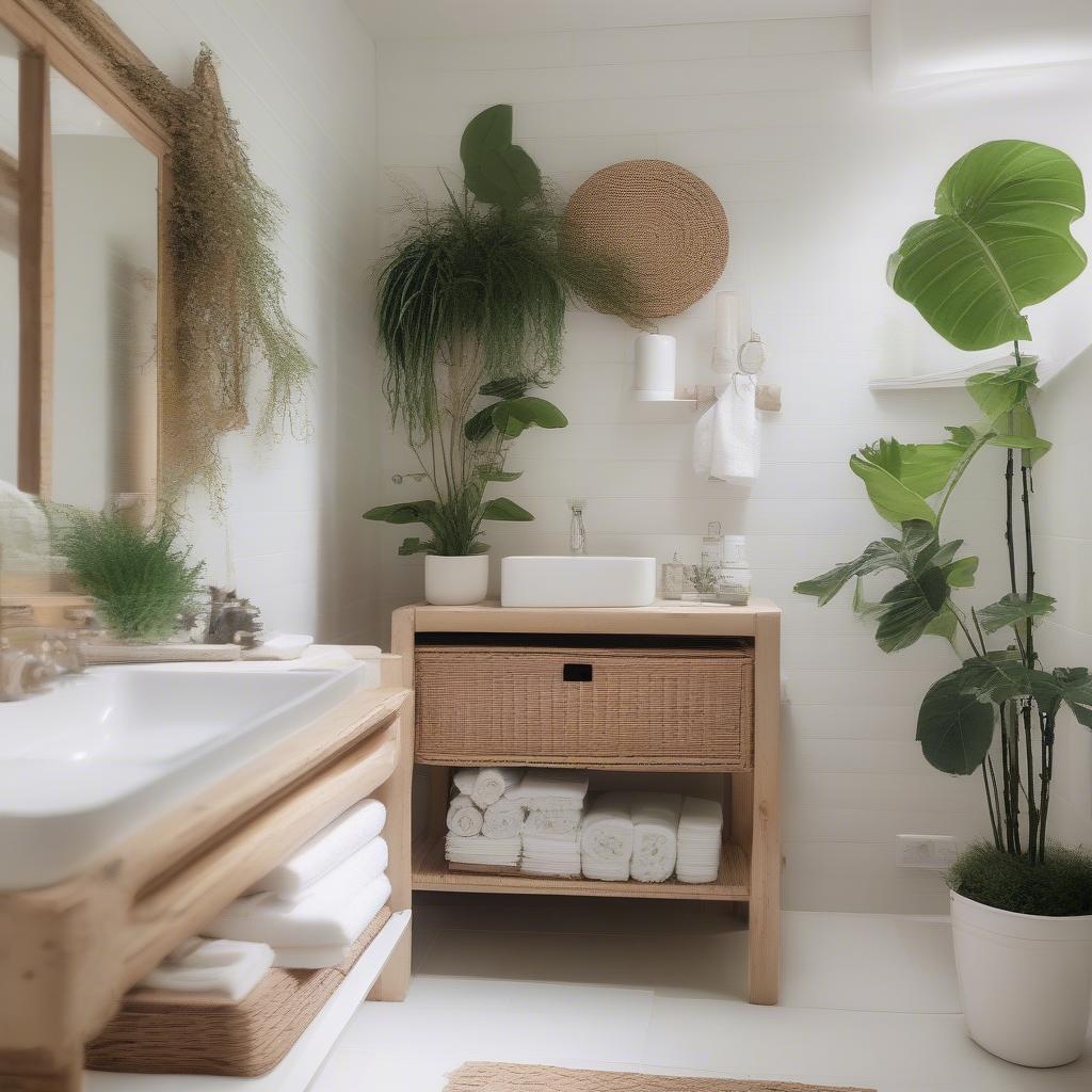 Styled bathroom with a white wicker toilet paper holder