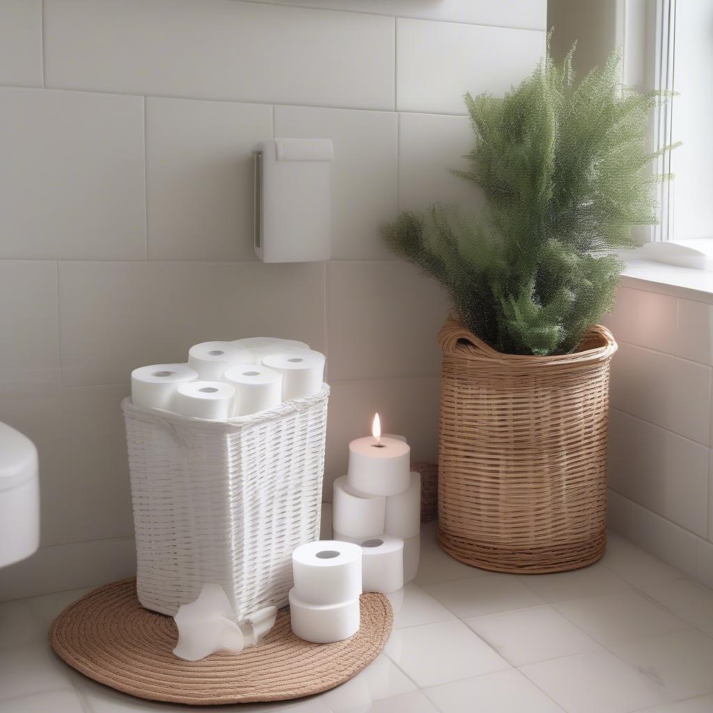 White wicker toilet roll basket in a modern bathroom setting