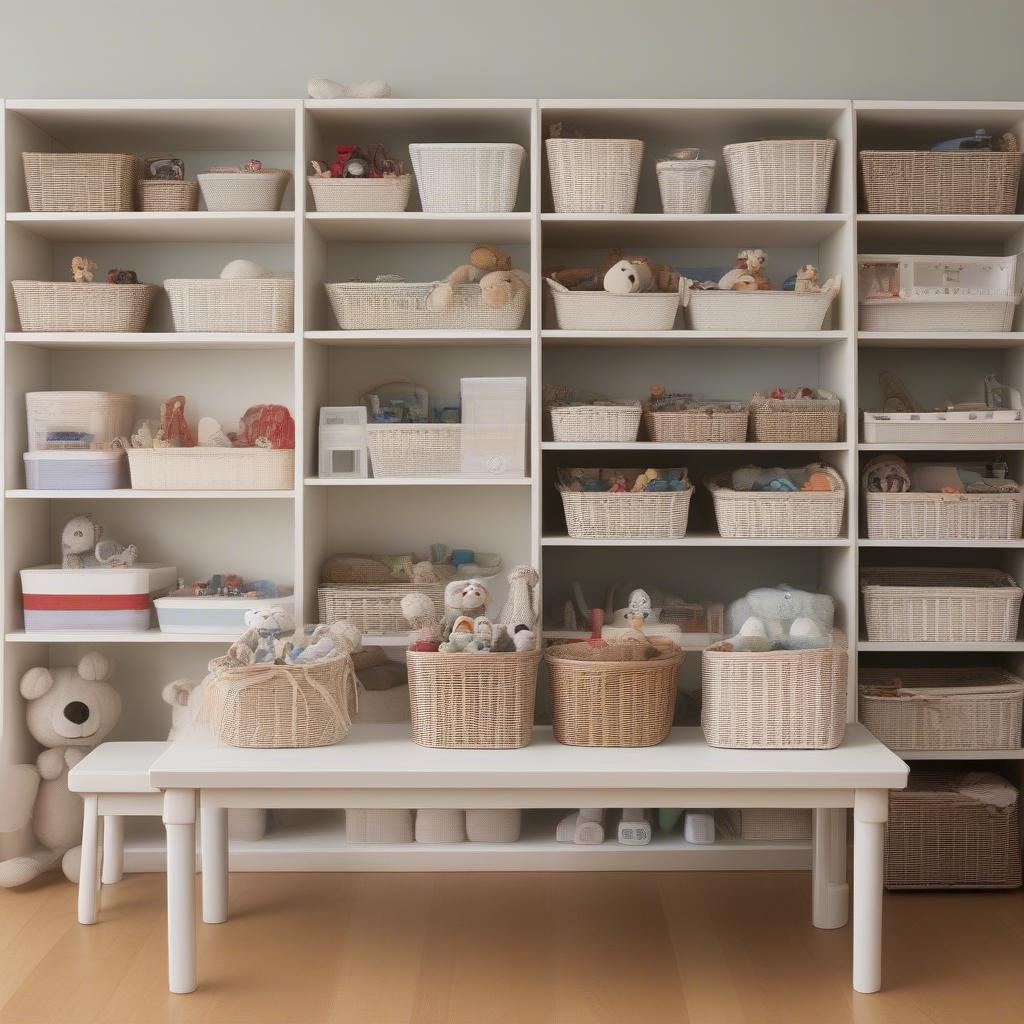 White wicker toy storage boxes in a small room, neatly organized and labeled.