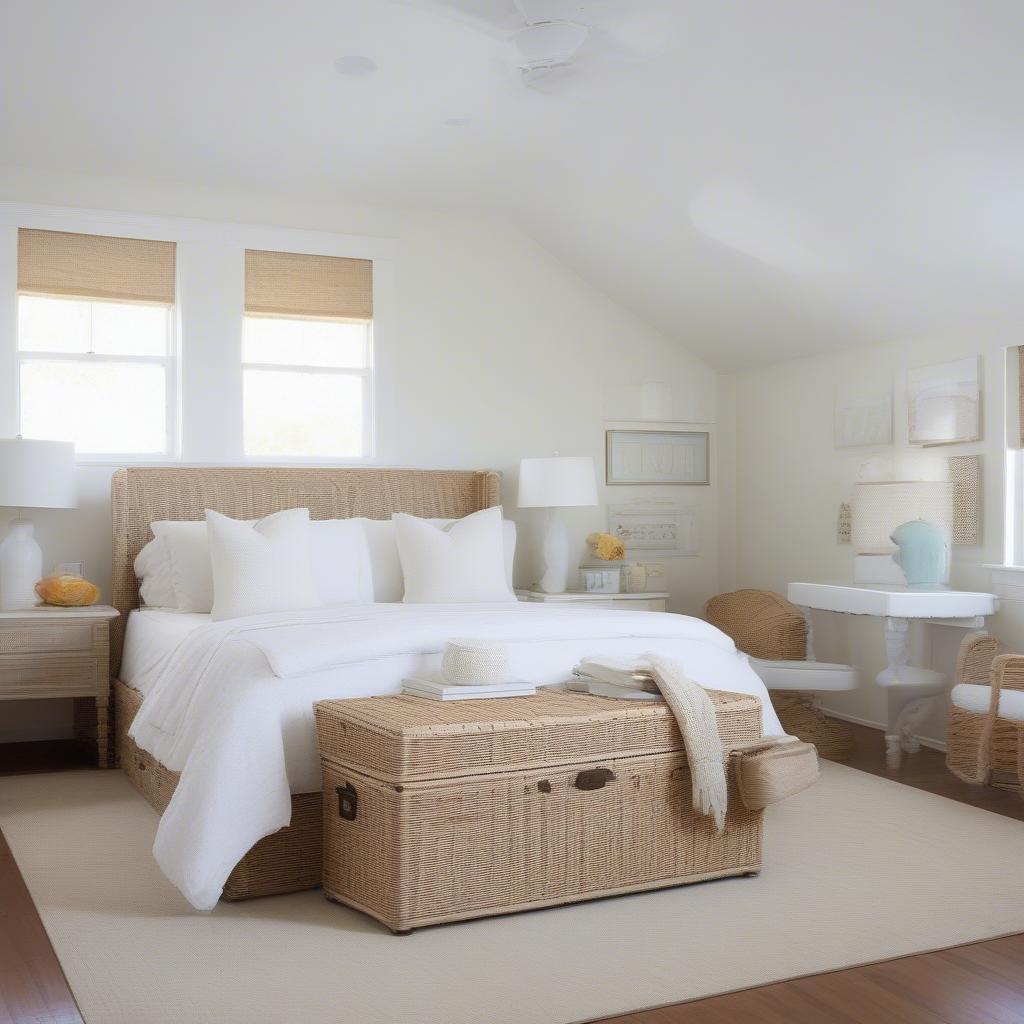 White wicker trunk used as bedroom decor