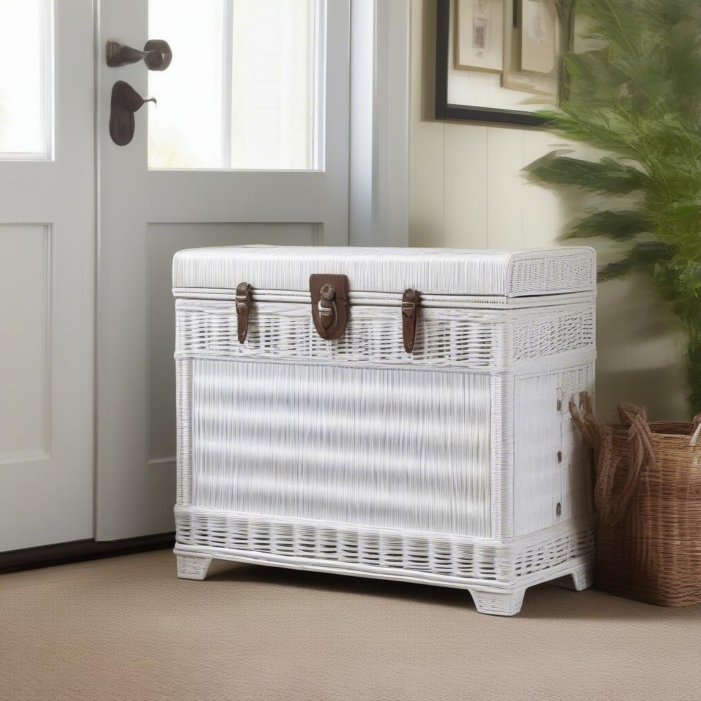 White wicker trunk in an entryway used for storage