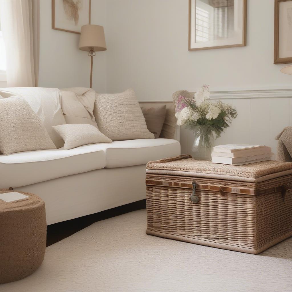 White wicker trunk in a living room setting