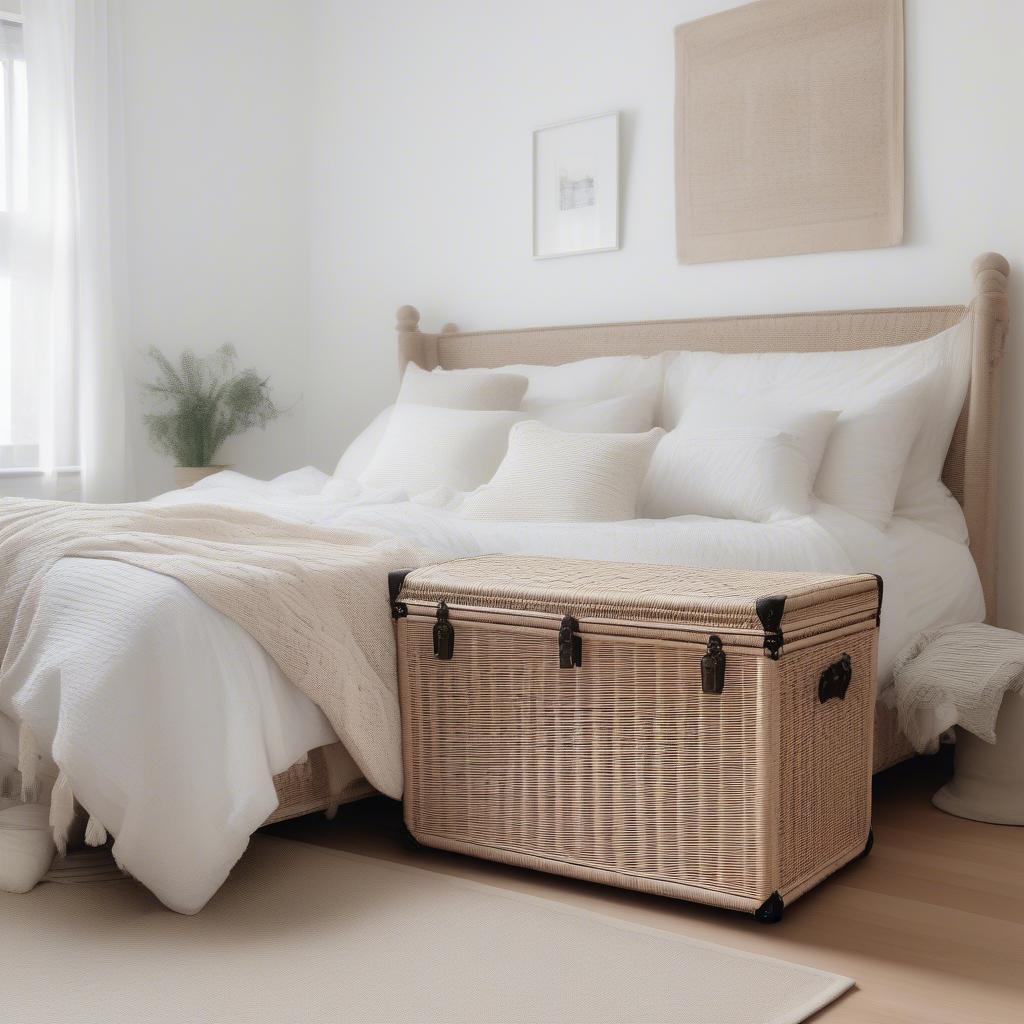 White wicker trunk storage in a bedroom setting