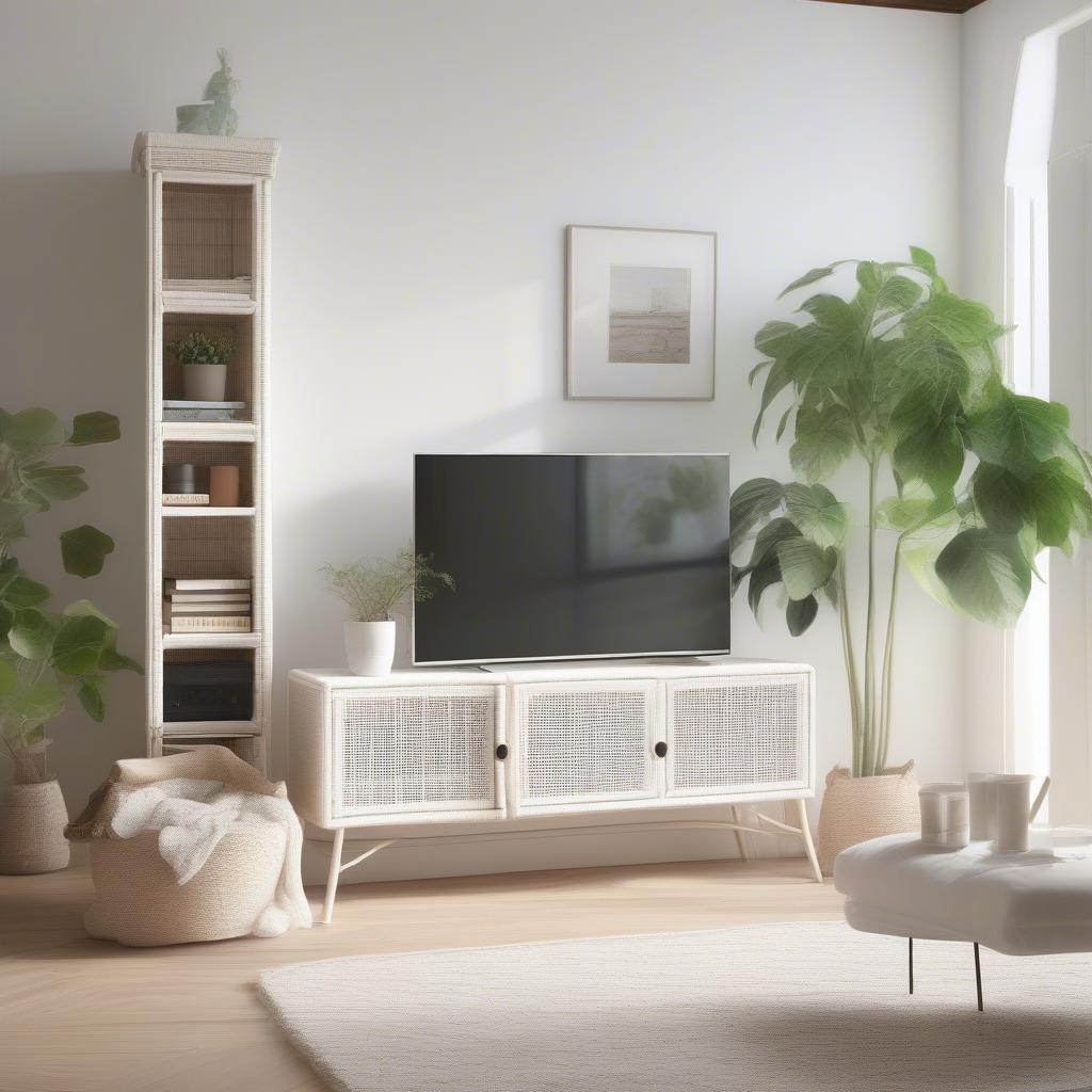 White wicker TV cabinet in a cozy living room setting