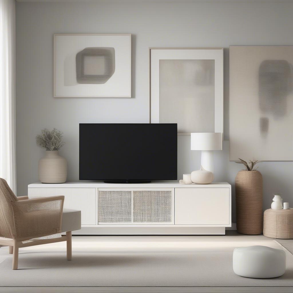 White wicker TV cabinet in a modern living room