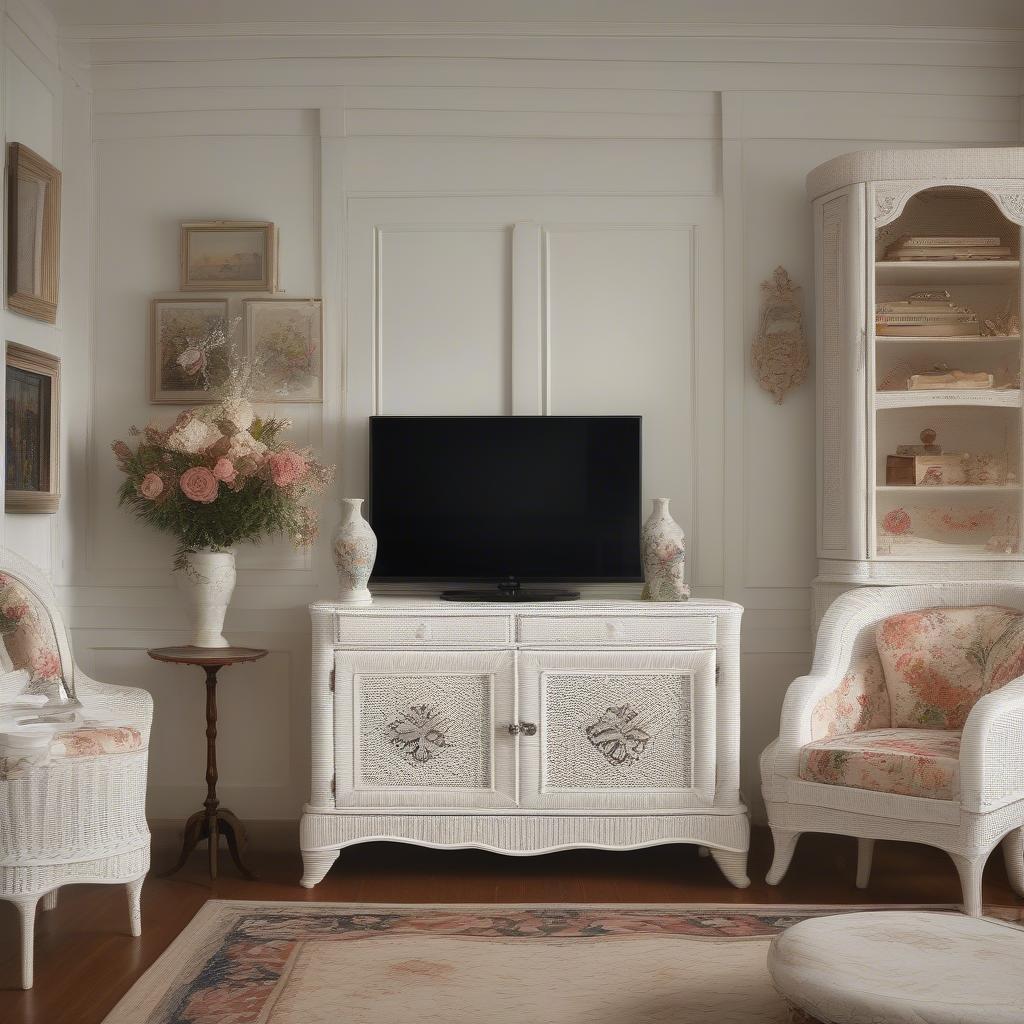 White wicker TV cabinet in a traditional living room