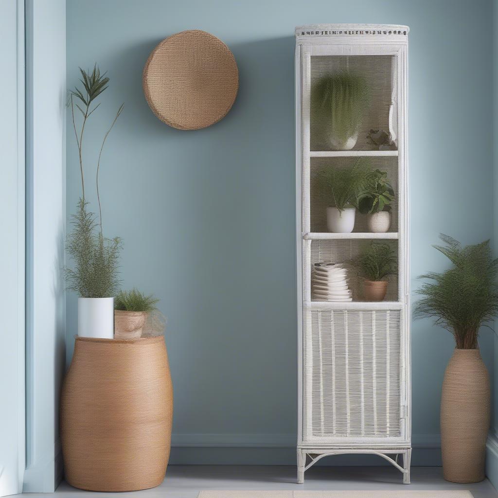 A white wicker wall cabinet in a living room setting