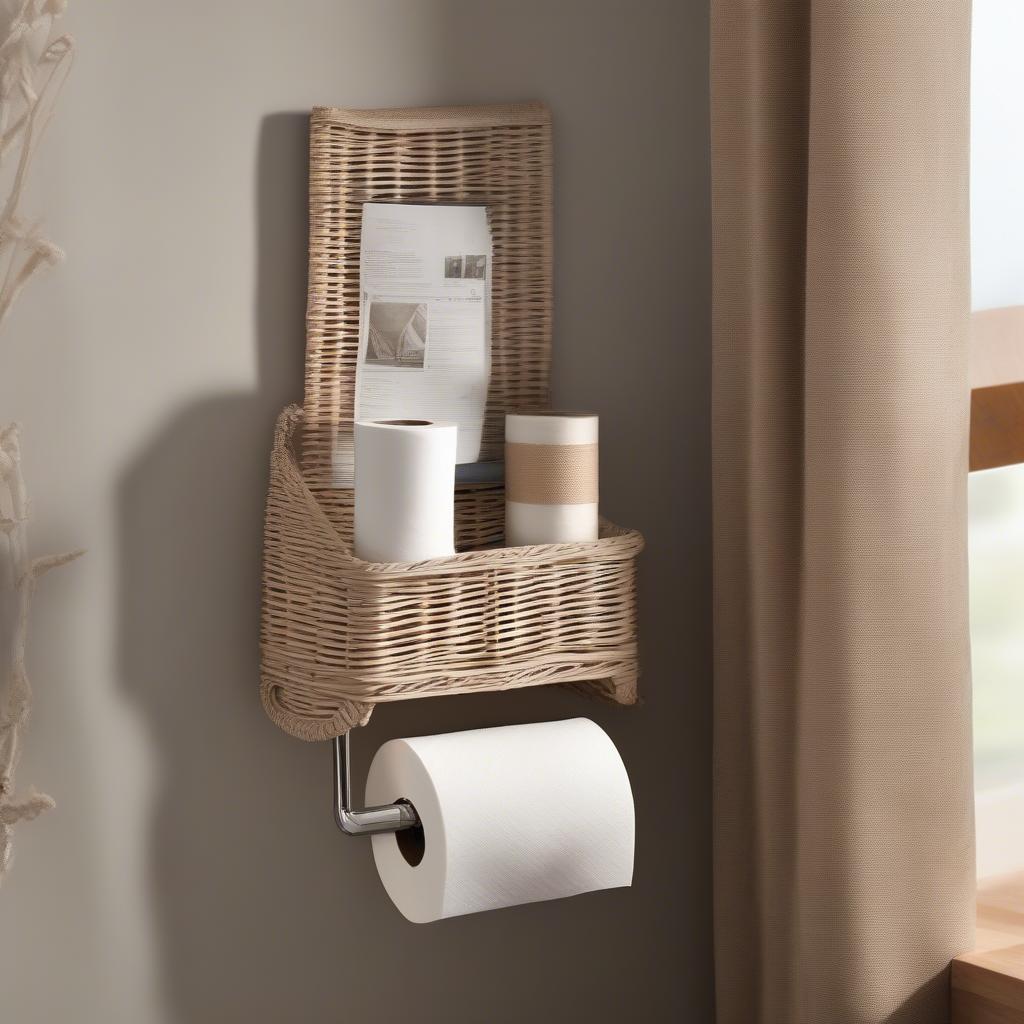 White wicker wall magazine and toilet paper holder in a rustic bathroom setting