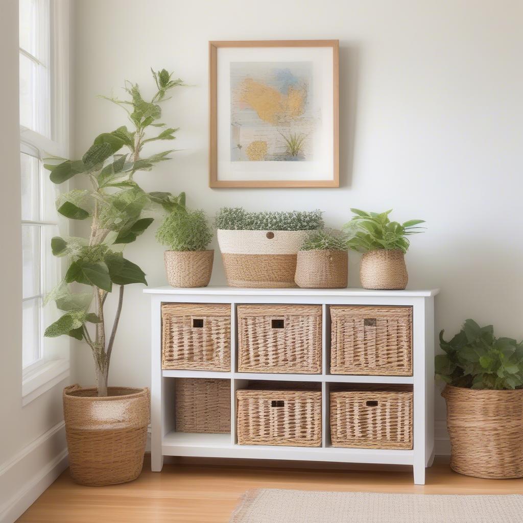 White Wood and Wicker Storage Unit in a Living Room