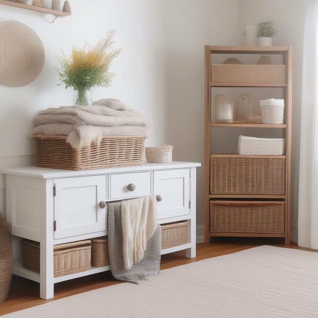 White Wooden Cabinet with Wicker Baskets in a Living Room