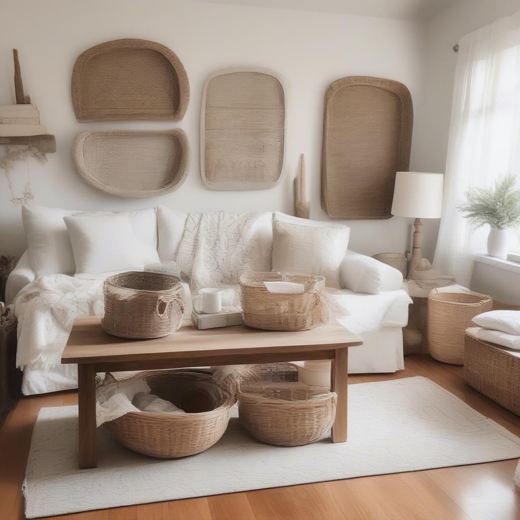 White wooden wicker baskets used as stylish storage in a living room setting