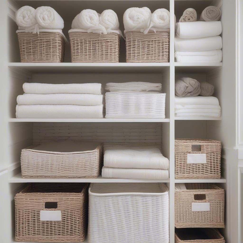 White wooden wicker baskets organized neatly on shelves for efficient storage solutions.