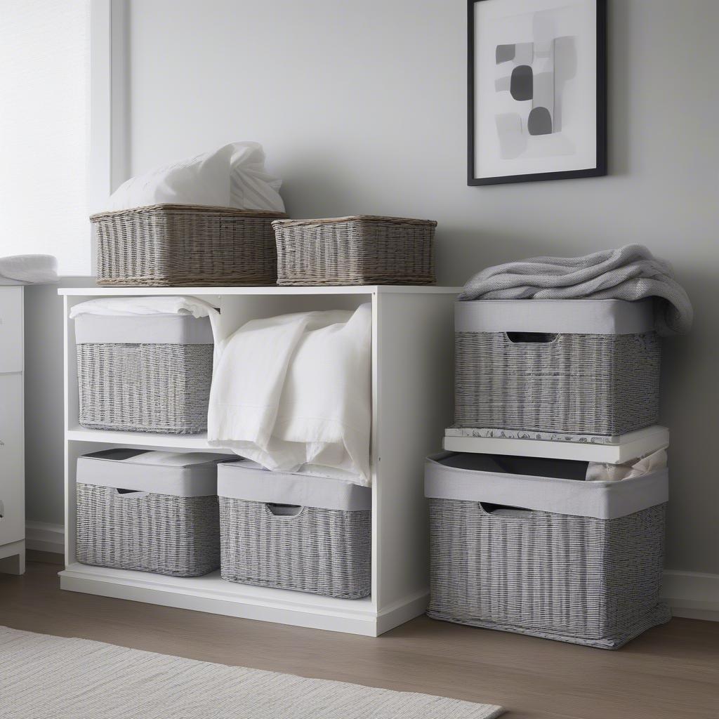 White wooden storage unit with wicker baskets in a bedroom