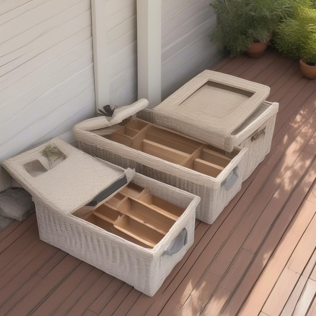 Whitewashed Wicker Deck Storage Boxes in Various Sizes