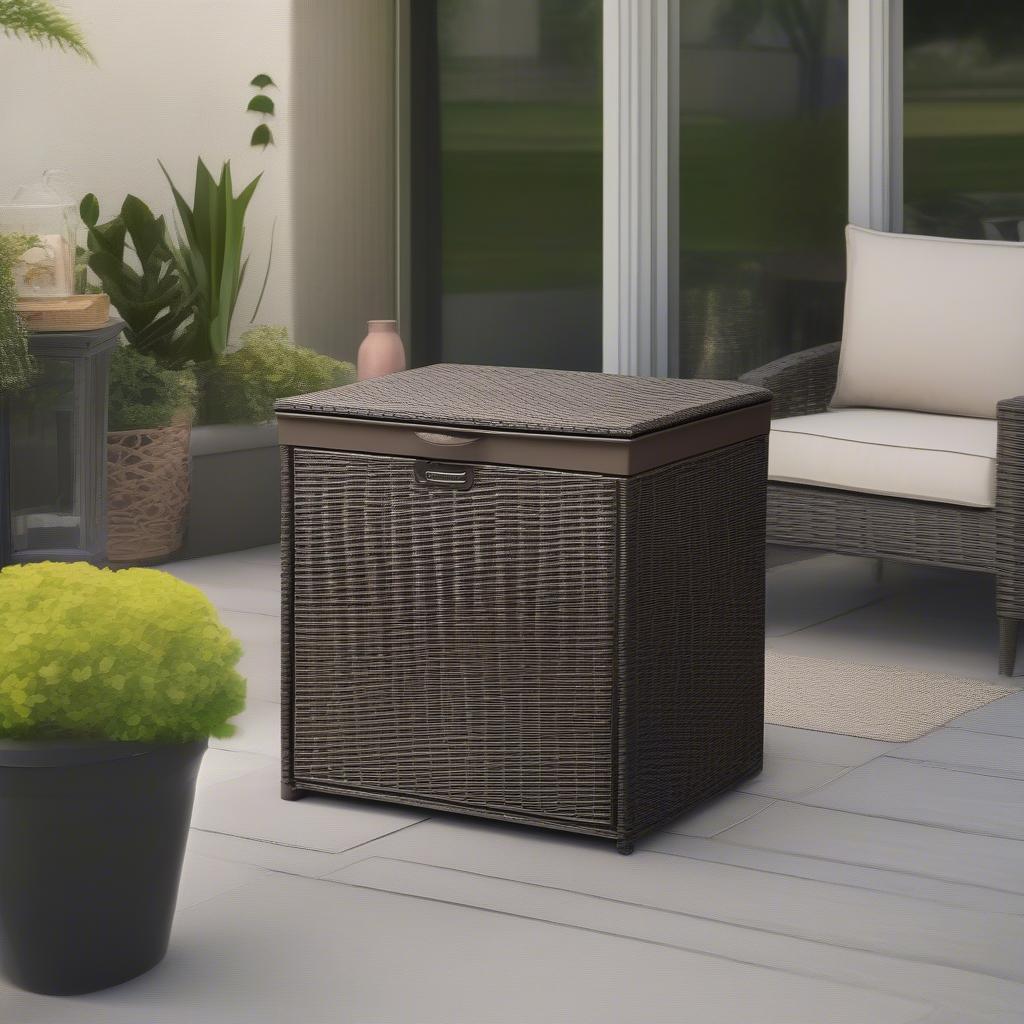 Wicker 22 Gal. Resin Deck Box on an Outdoor Patio