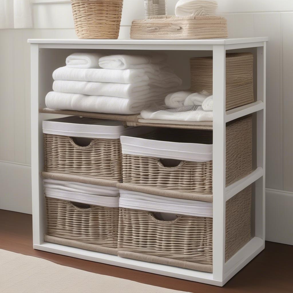 Clever organization ideas for maximizing space within a wicker 3 drawer storage unit.