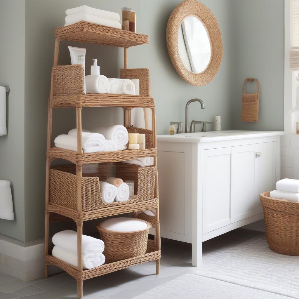 Wicker 3 tier storage tower in a bathroom setting, filled with towels and toiletries.