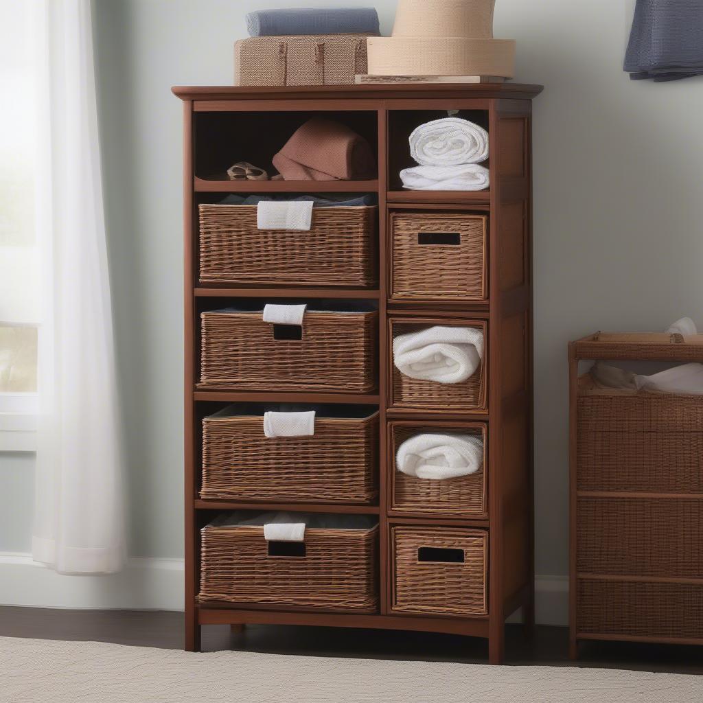 Wicker 4 Basket Cabinet in a Bedroom