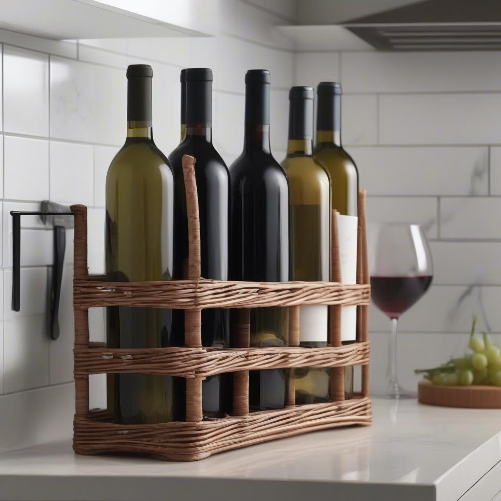 Wicker 4 Bottle Holder on a Kitchen Countertop