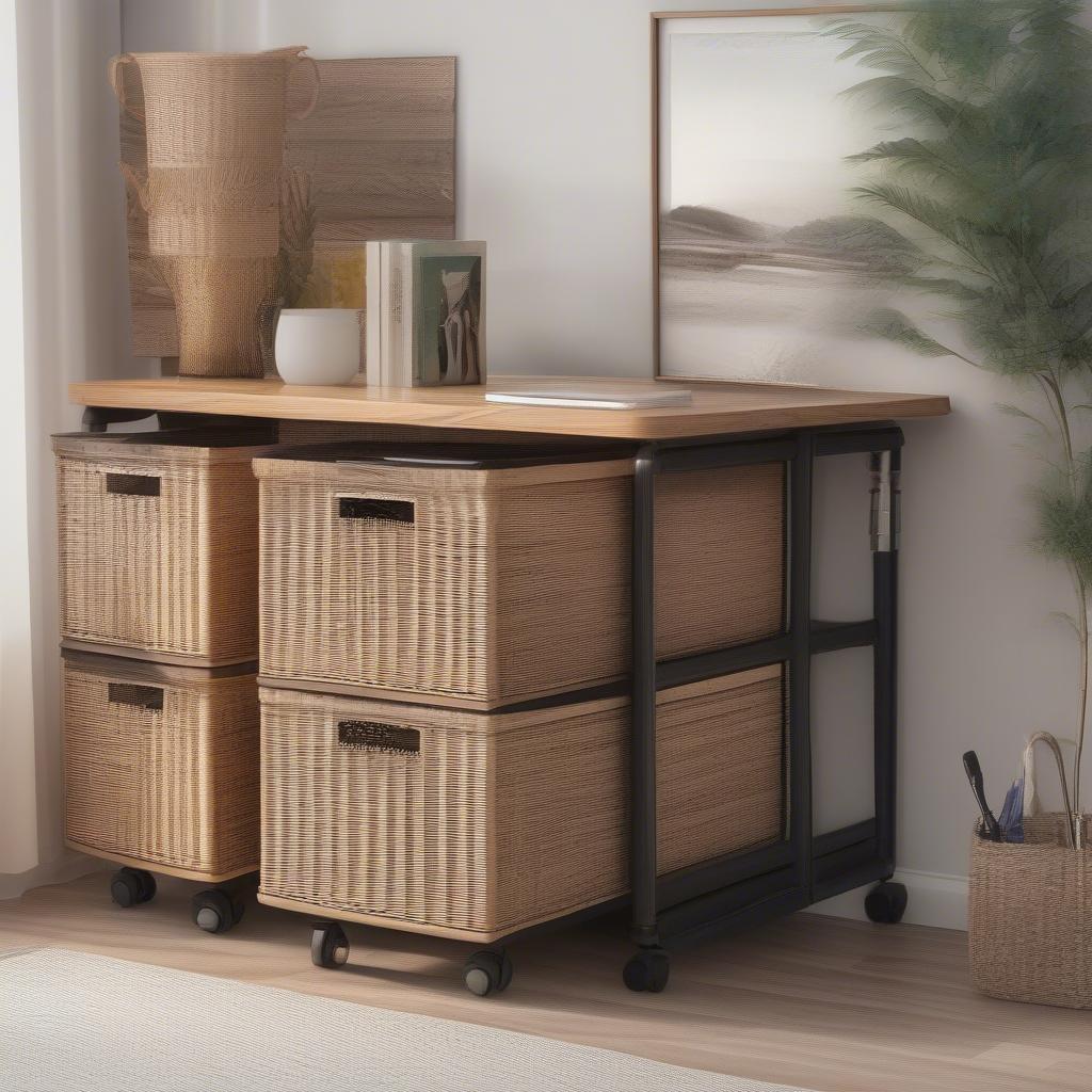 Wicker 4 Drawer File Cabinet on Wheels in a Home Office Setting