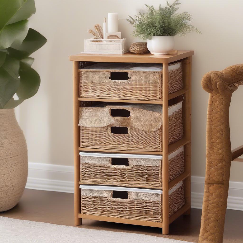 Wicker 5 Drawer Storage Tower in a Living Room setting