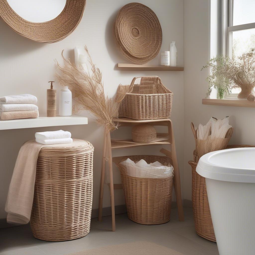 Wicker accessories in a bathroom setting.