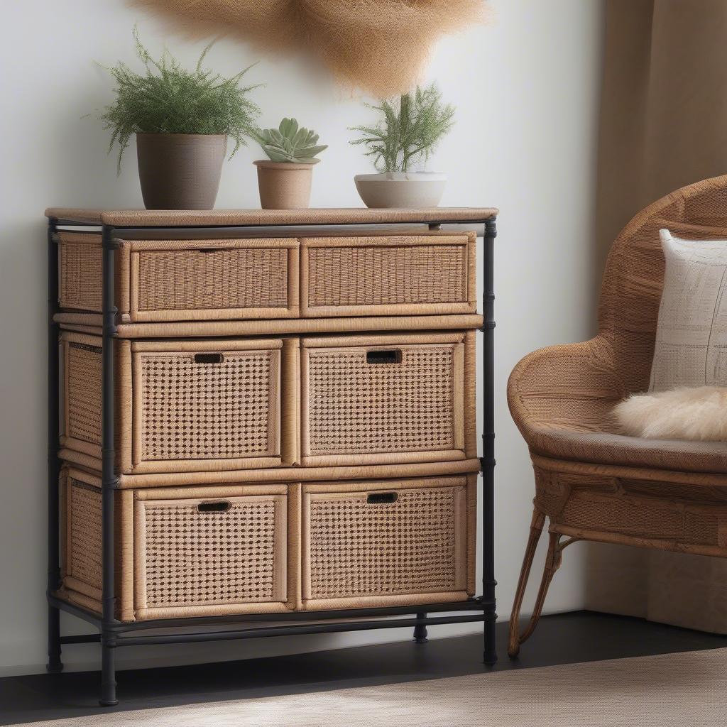 Wicker and iron 3 drawer cabinet in a living room setting