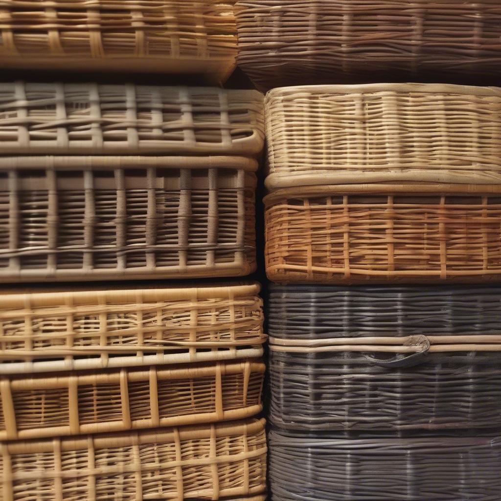 Comparing wicker and rattan materials for storage baskets.