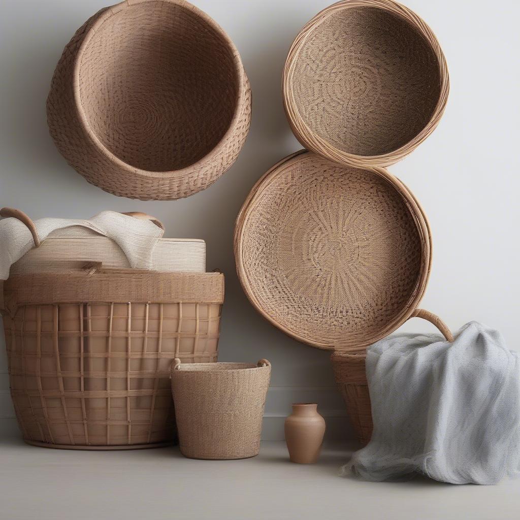 Comparison of wicker and rattan storage baskets, highlighting their different textures and weaving styles.