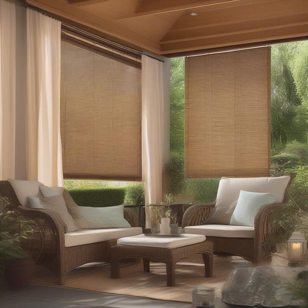 Wicker and bamboo blinds providing privacy on a patio