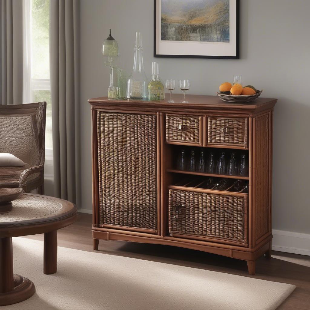 Wicker Bar Cabinet in a Living Room Setting