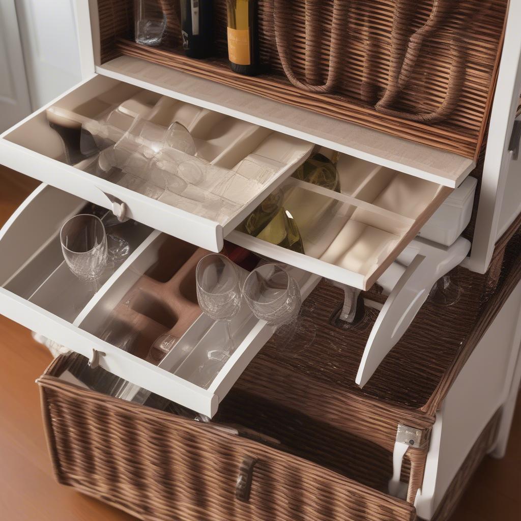 Different storage options in a wicker bar