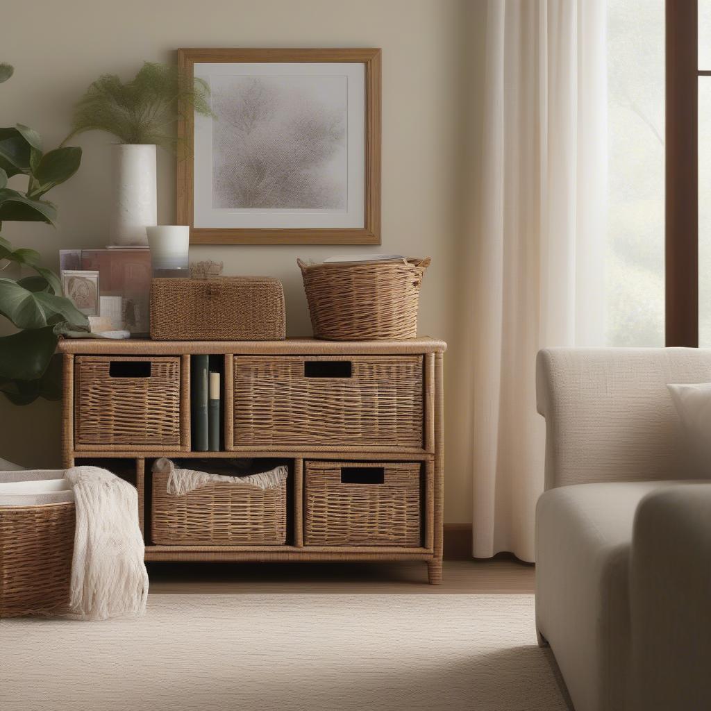 Wicker Basket 2 Drawer Storage Unit in a Living Room Setting