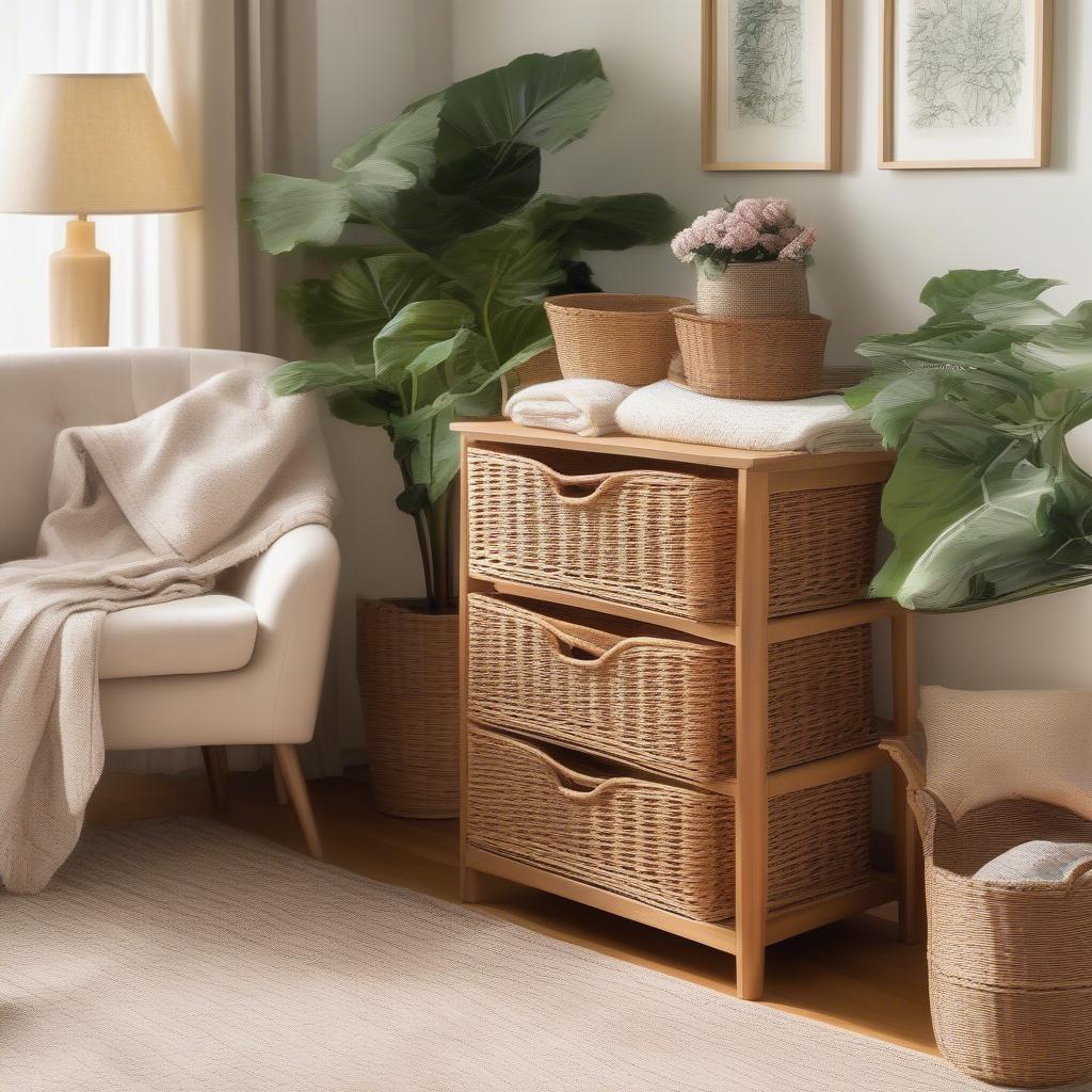 Wicker basket 3 drawer storage unit in a living room setting