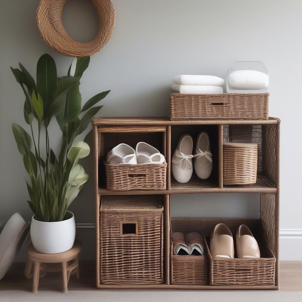 Wicker baskets and accessories complementing a wicker shoe holder.