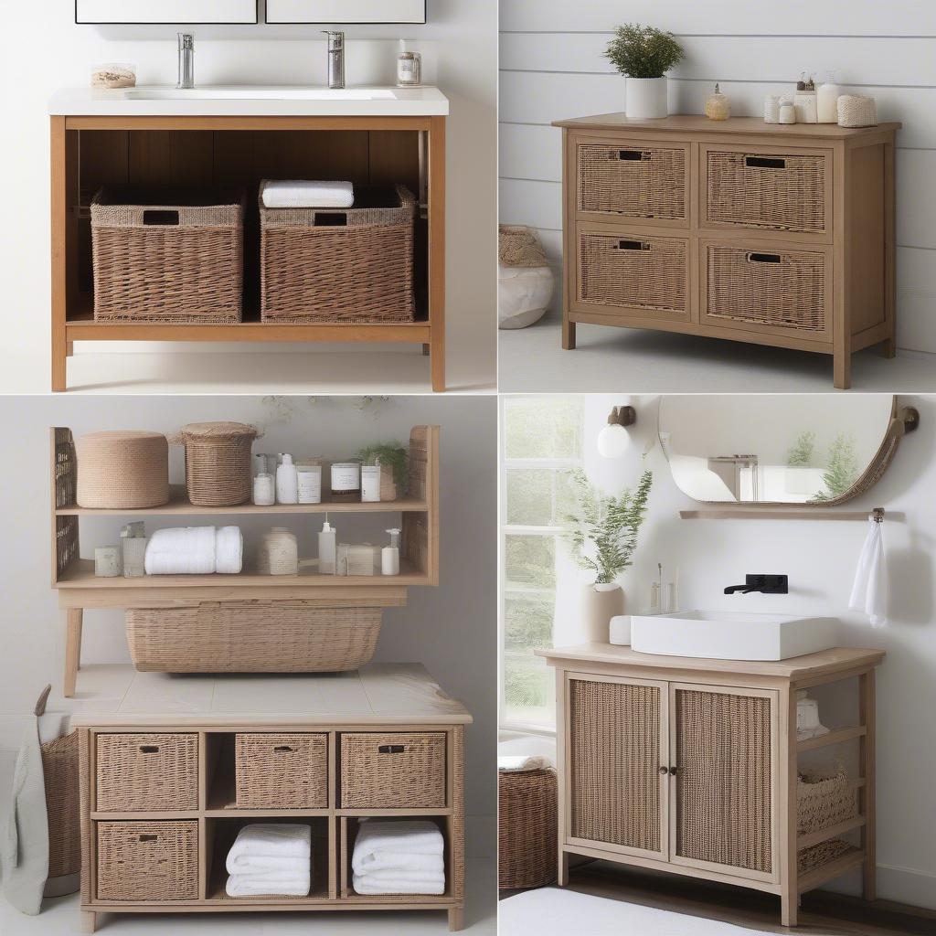 Different styles of bathroom cabinets with wicker baskets showcased.