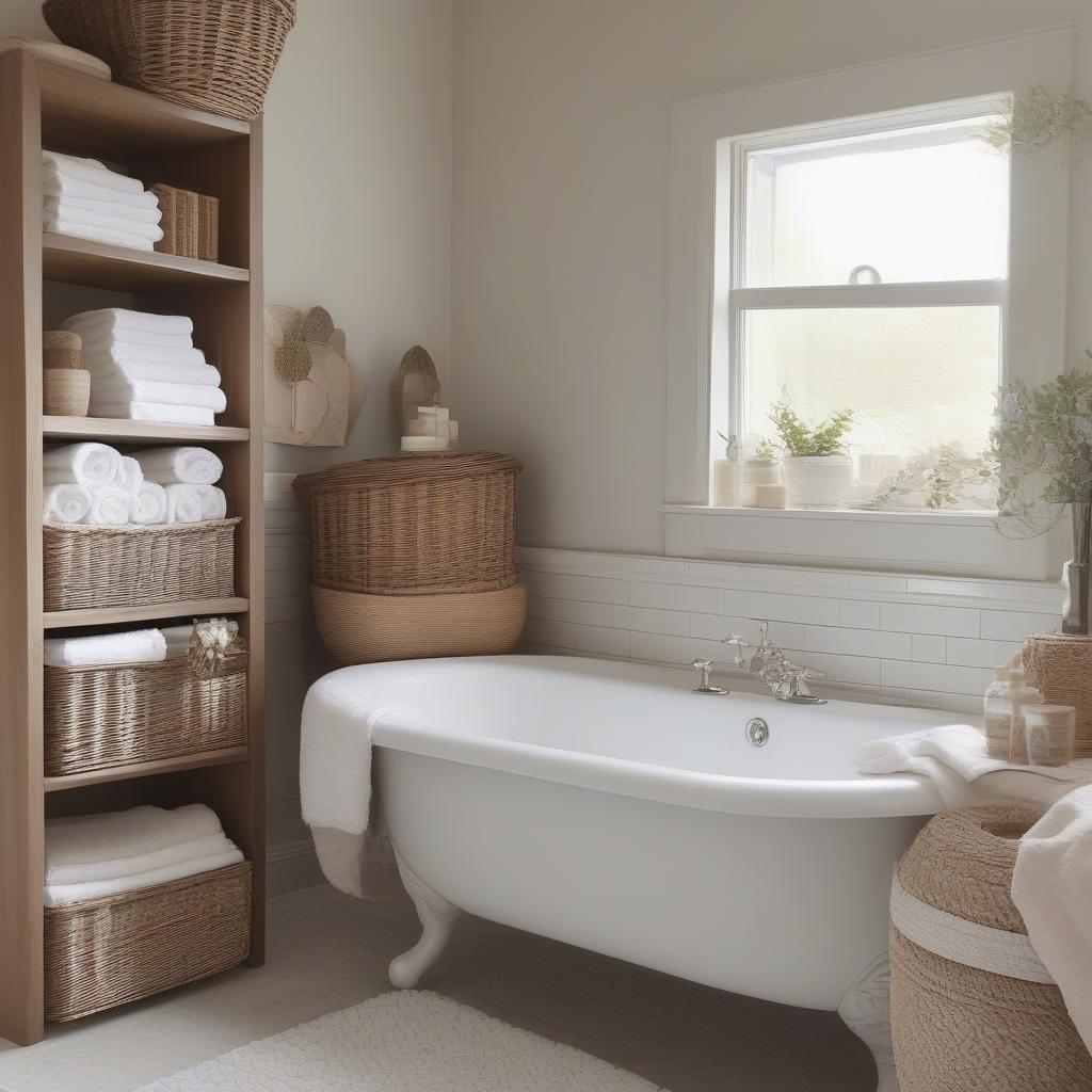 Wicker baskets strategically placed in a bathroom for towel storage