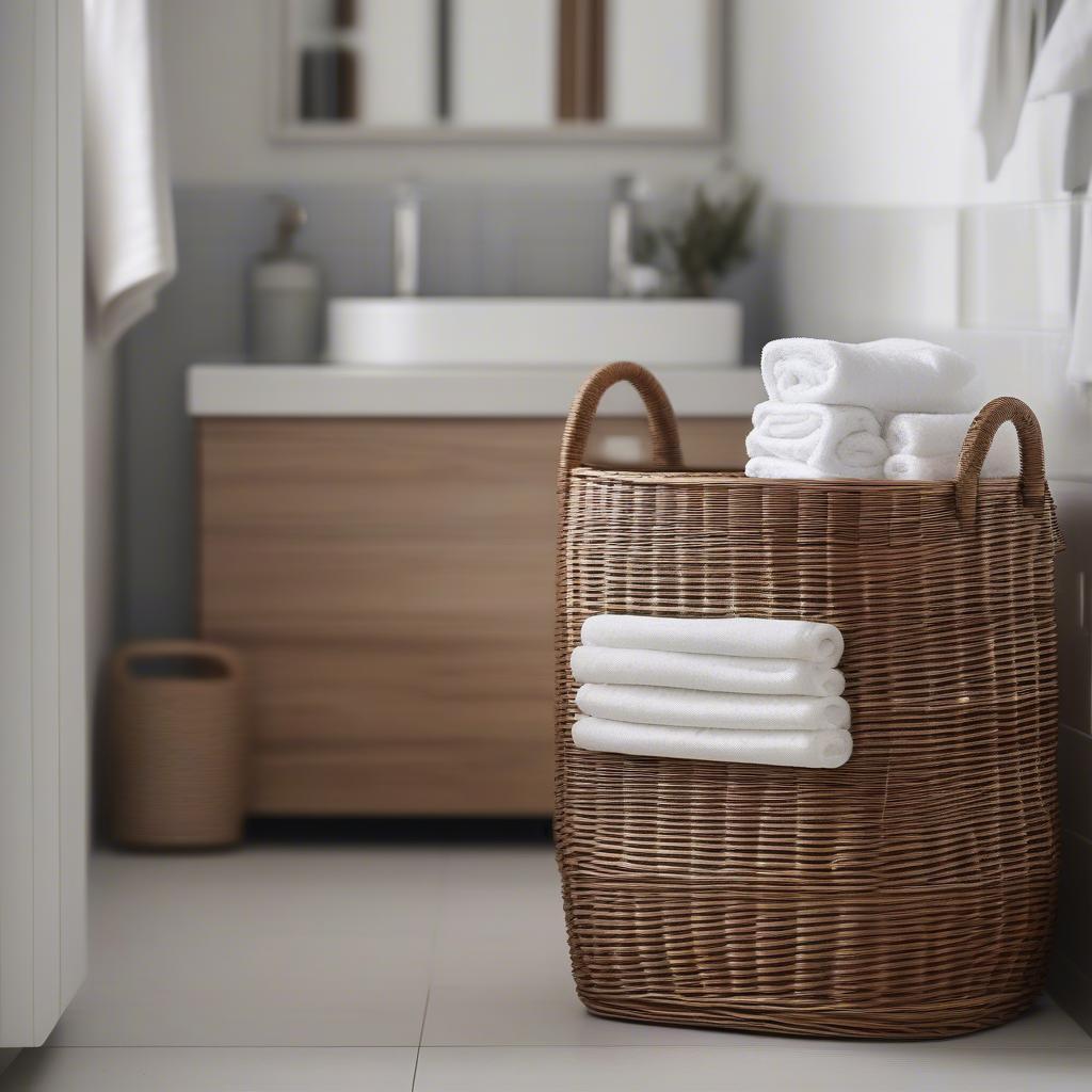 A narrow wicker basket with round handles storing towels in a bathroom setting.