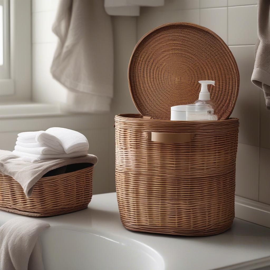 Wicker basket used for bathroom storage