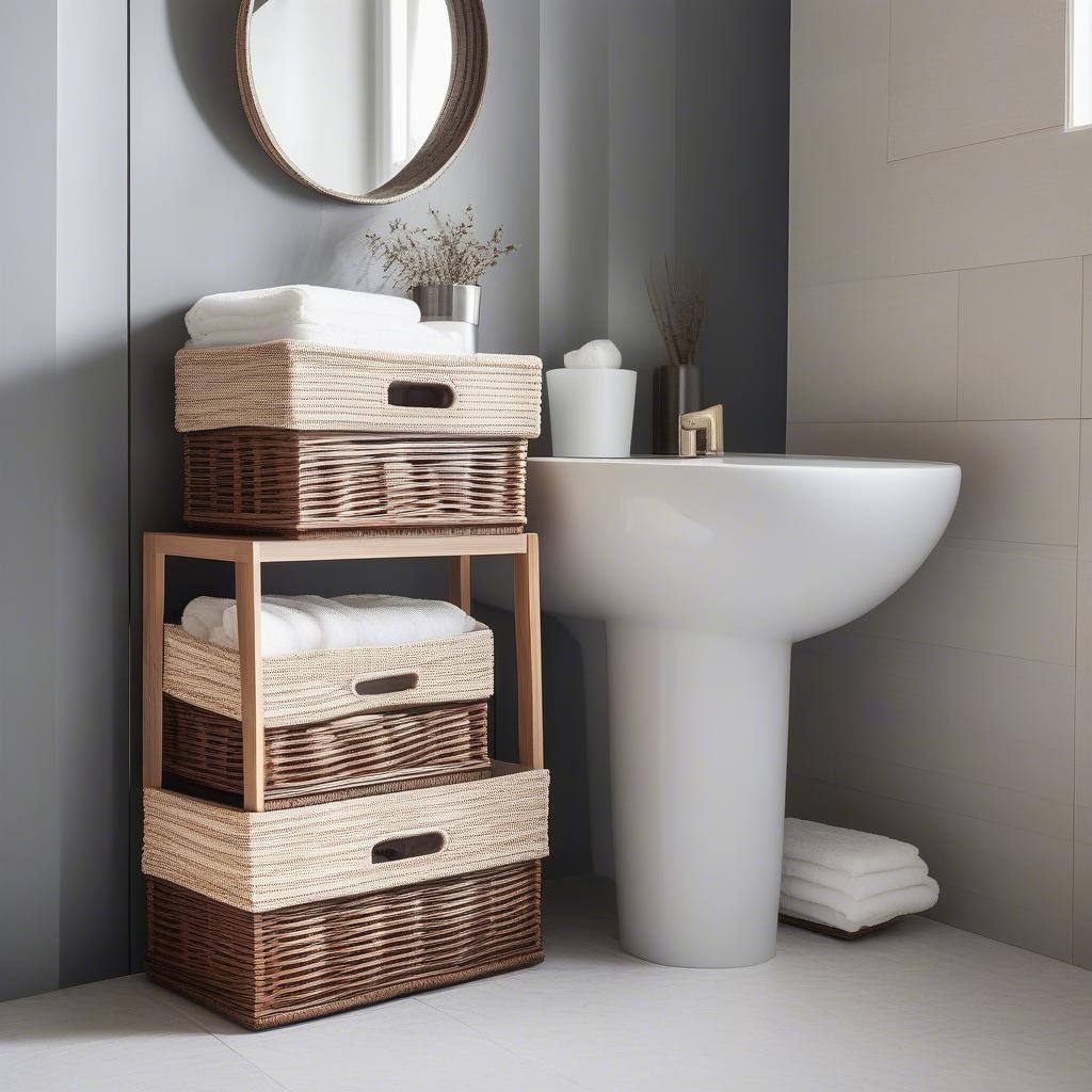 Wicker Floor Storage Basket in a Bathroom Setting