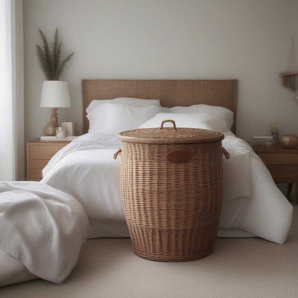 Wicker basket used for bedroom storage