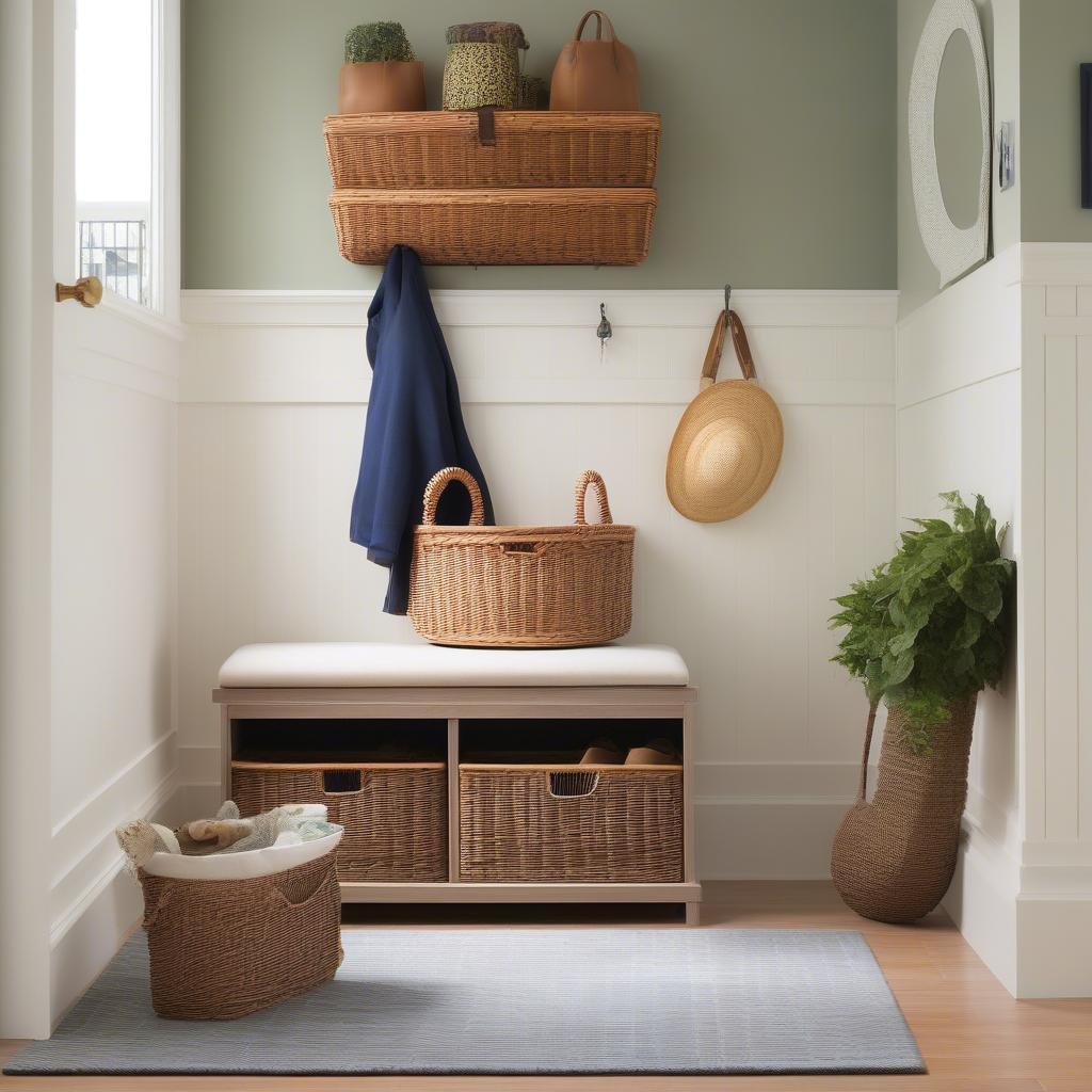 Wicker Basket Bench for Entryway Organization