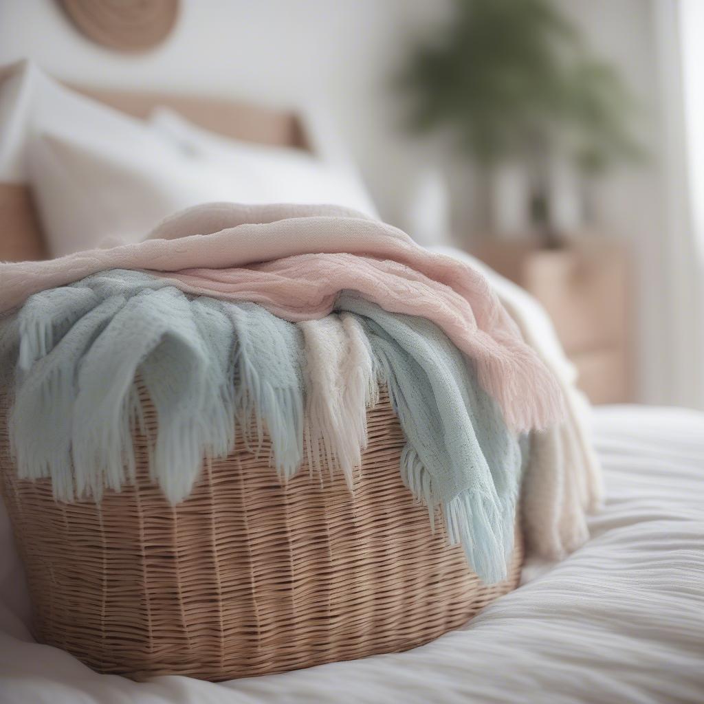 Wicker basket with blankets in a bedroom setting.