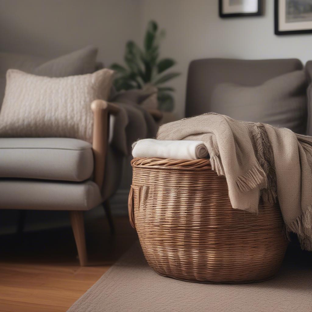 Wicker Basket for Blanket Storage in Living Room Setting