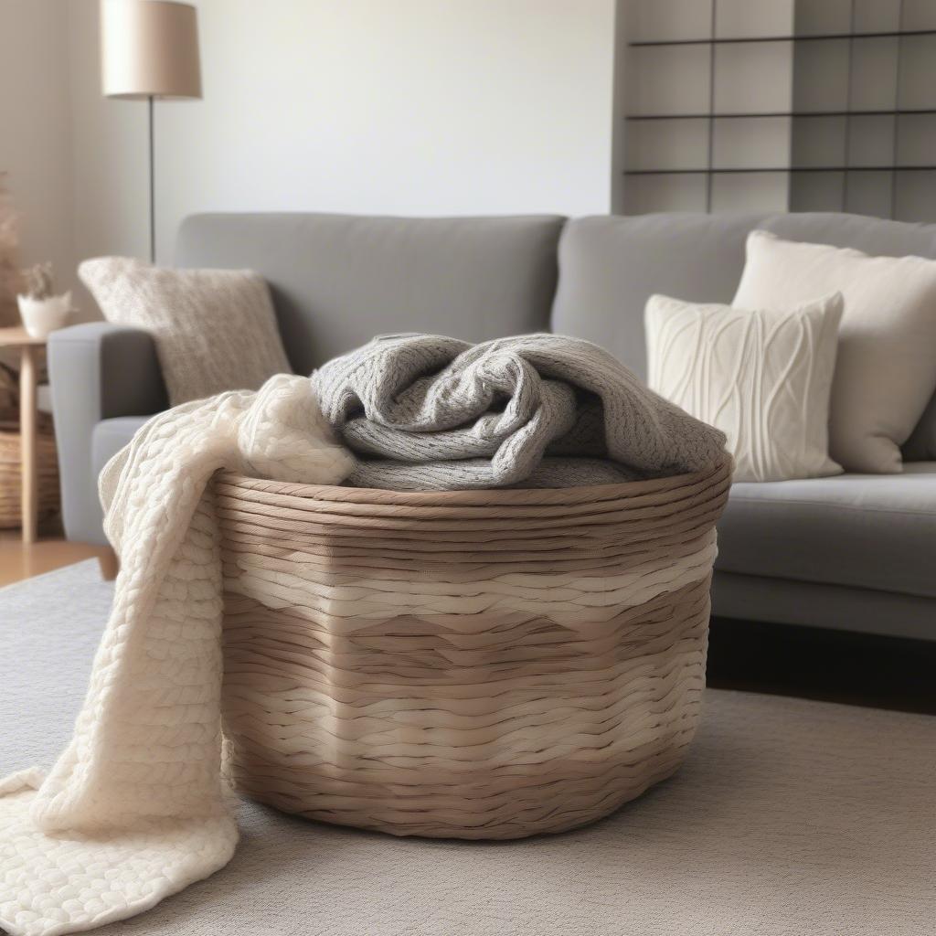 Wicker basket filled with blankets in a cozy living room setting.