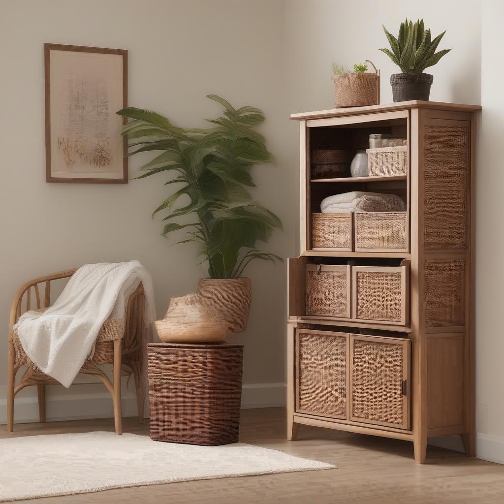 Wicker basket cabinet in a living room setting, showcasing its natural charm and storage capabilities.