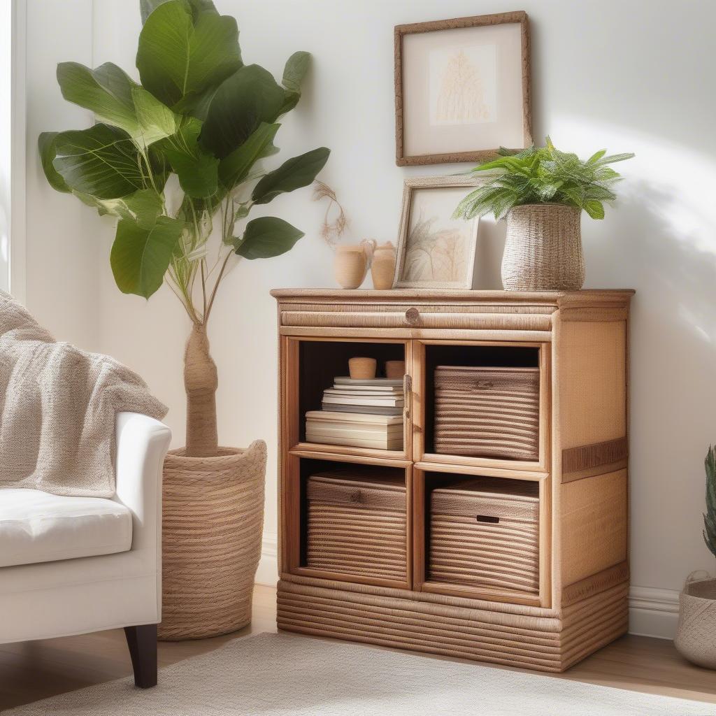 Wicker basket cabinet in a living room setting, showcasing its versatility and aesthetic appeal.