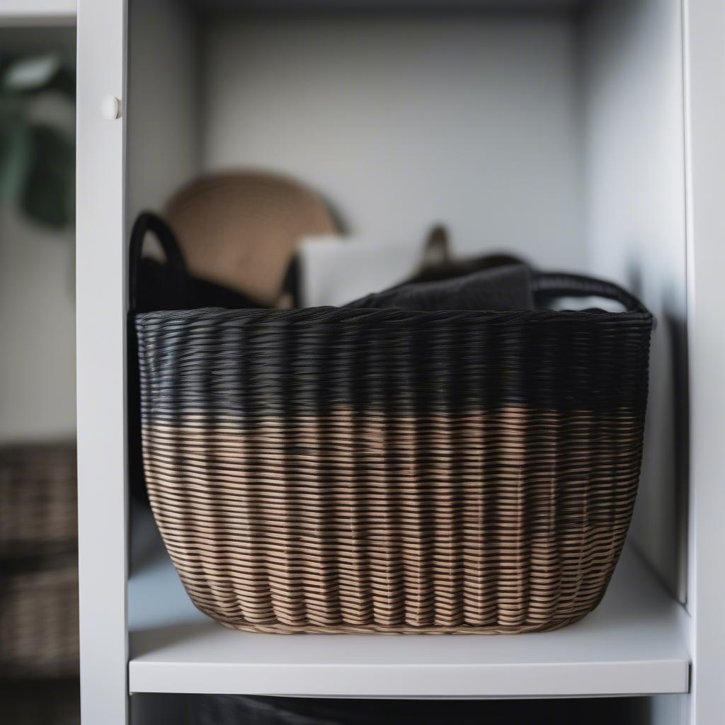 Close Up Detail of Wicker Basket in Cabinet